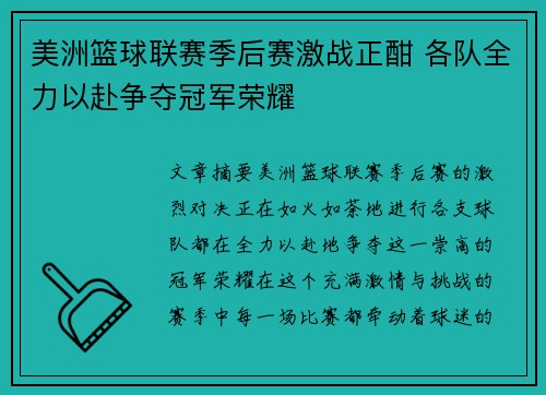 美洲篮球联赛季后赛激战正酣 各队全力以赴争夺冠军荣耀