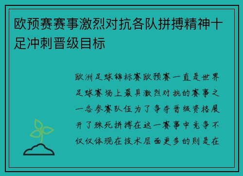 欧预赛赛事激烈对抗各队拼搏精神十足冲刺晋级目标