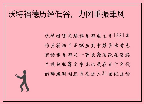 沃特福德历经低谷，力图重振雄风