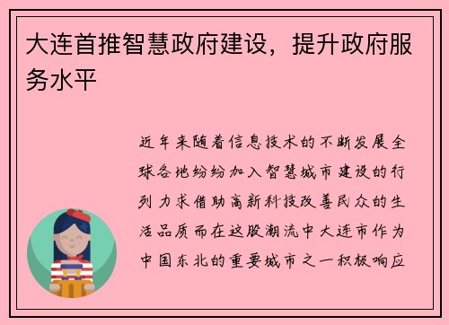 大连首推智慧政府建设，提升政府服务水平