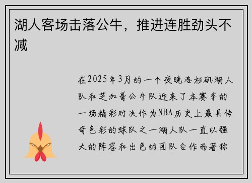 湖人客场击落公牛，推进连胜劲头不减