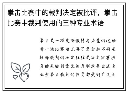 拳击比赛中的裁判决定被批评，拳击比赛中裁判使用的三种专业术语