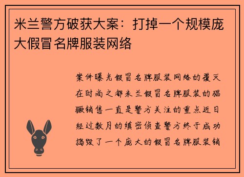 米兰警方破获大案：打掉一个规模庞大假冒名牌服装网络