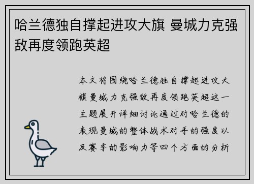 哈兰德独自撑起进攻大旗 曼城力克强敌再度领跑英超