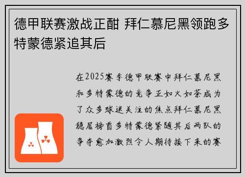 德甲联赛激战正酣 拜仁慕尼黑领跑多特蒙德紧追其后