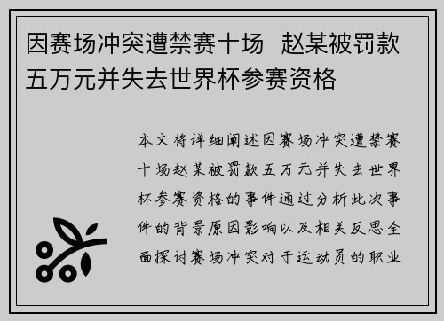 因赛场冲突遭禁赛十场  赵某被罚款五万元并失去世界杯参赛资格