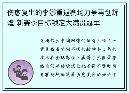 伤愈复出的李娜重返赛场力争再创辉煌 新赛季目标锁定大满贯冠军