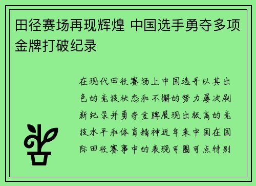 田径赛场再现辉煌 中国选手勇夺多项金牌打破纪录